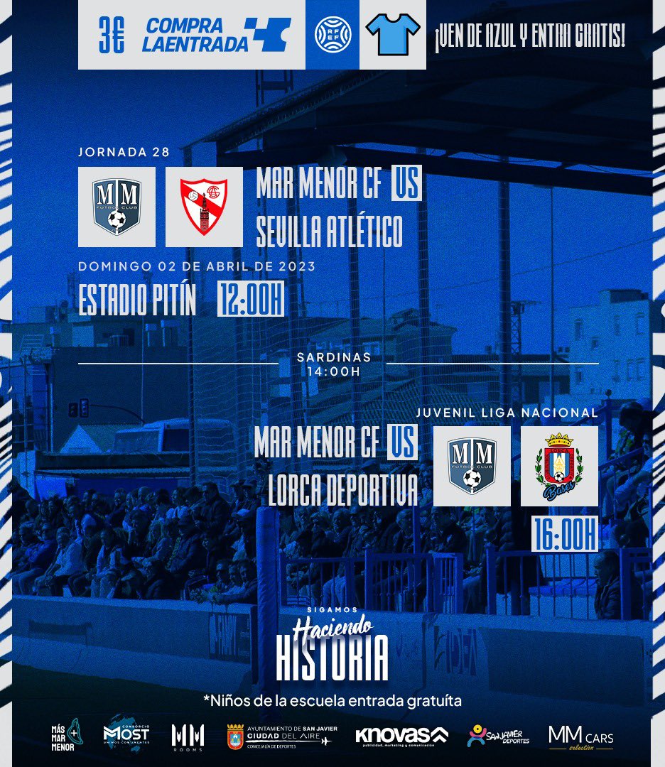 racingctmmfc's tweet photo. 🔥 ¡𝐋𝐎 𝐏𝐎𝐍𝐄𝐌𝐎𝐒 𝐓𝐎𝐃𝐎 𝐀𝐋 𝐀𝐙𝐔𝐋!

💙 Este domingo VEN DE AZUL y entra gratis para animar al @MarMenorFC.

🤍 Coge fuerzas después del encuentro con nosotros para apoyar al #Juvenil de Liga Nacional en su lucha por el liderato.

#SigamosHaciendoHistoria⚔️ https://t.co/zyy2PvsYI1