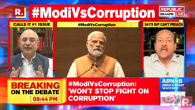 republic's tweet photo. Faceoff on #ModiVsCorruption Debate | How much black money has India recovered after PM Modi came to power?: Mohammed Tauseef Rehman, TMC Spokesperson asks @NalinSKohli, BJP National Spokesperson &amp; SC Advocate - Watch his reply - https://t.co/7h59b3dOHN https://t.co/21csUxAoJT