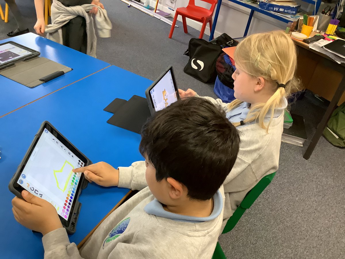 StAgnesY2's tweet image. Great fun creating the 3 little pigs story on scratch. Some children changed the characters and the speech. They practised using time delay blocks creating more complex algorithms. #stagnescomputing