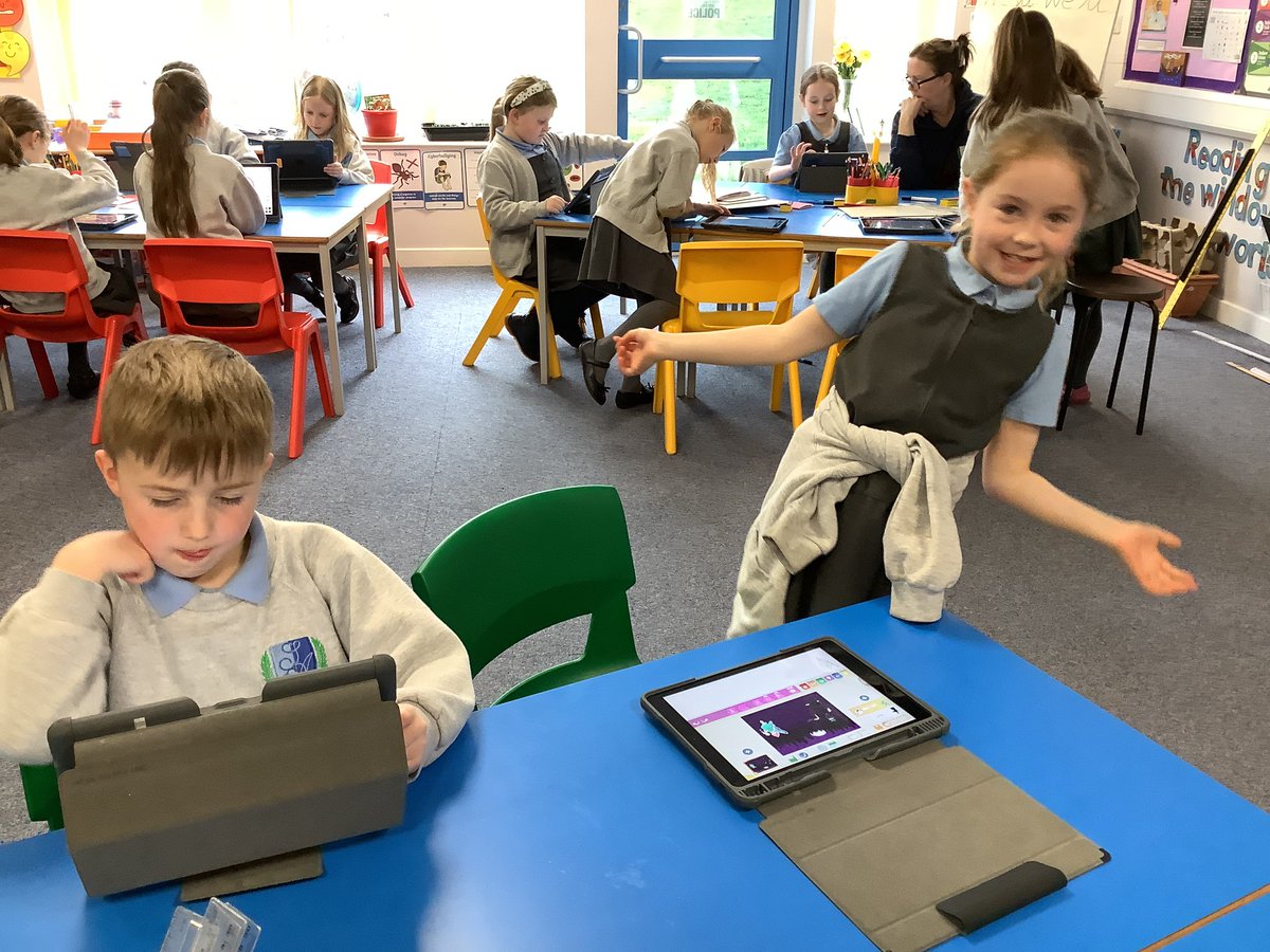 StAgnesY2's tweet image. Great fun creating the 3 little pigs story on scratch. Some children changed the characters and the speech. They practised using time delay blocks creating more complex algorithms. #stagnescomputing