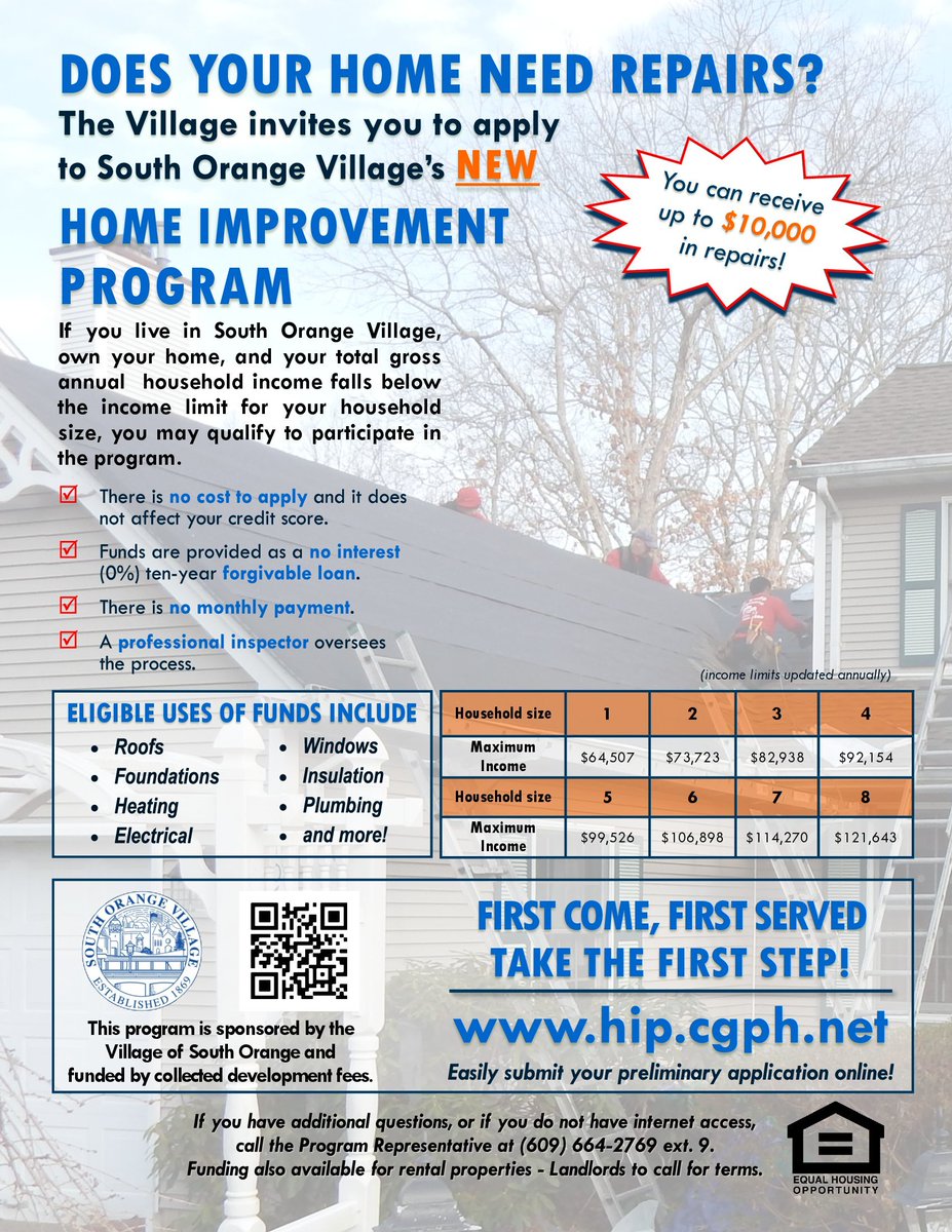 South Orange Homeowners: If your home needs repairs, check out the South Orange Village Home Improvement Program! See details below. Visit hip.cgph.net to pre-apply. Program is sponsored by @southorangenj.  #southorange #southorangenj #essexcounty #essexcountynj