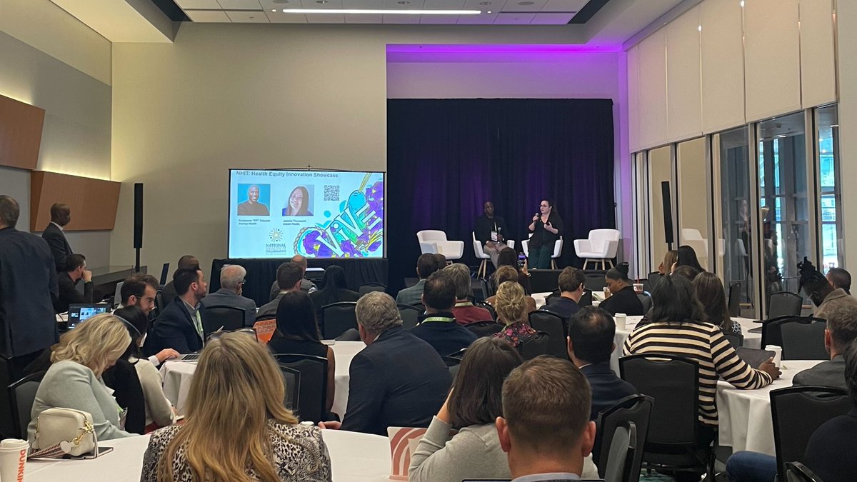""Underrepresented founders need support, it is not enough to be culturally competent, you have to be culturally proactive." #HealthTransformer @JessicaThurmon4 of <a href="/AtheloHealth/">Athelo Health</a> at <a href="/NHITunderserved/">NHIT</a>'s Health Equity Innovation Showcase w/ #StartUpHealth's <a href="/kyelpaala/">Kaakpema “KP” Yelpaala</a> 
#ViVE2023