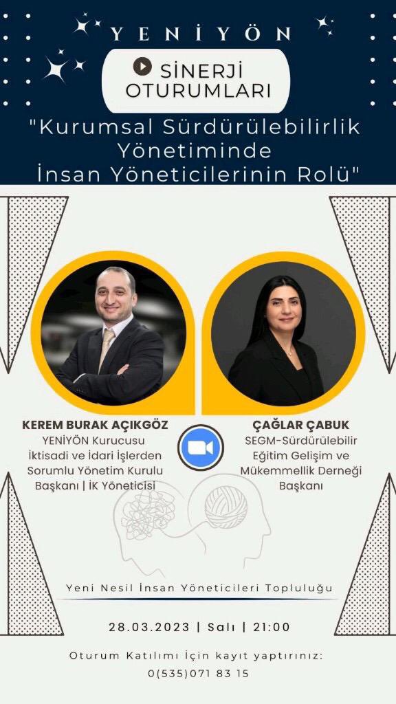 dernek_segm's tweet photo. Bu akşam 21:00'da YENİYÖN tarafından Zoom üzerinden gerçekleşecek Sinerji Oturumları'nda, derneğimizin Kurucu Yönetim Kurulu Başkanı @caglarcabuk , Yeniyön Kurucusu İktisadi ve İdari İşlerden Sorumlu Yönetim Kurulu Başkanı &amp; İK Yöneticisi Kerem Burak Açıkgöz’ün konuğu olacak. https://t.co/qqVC3obzBc