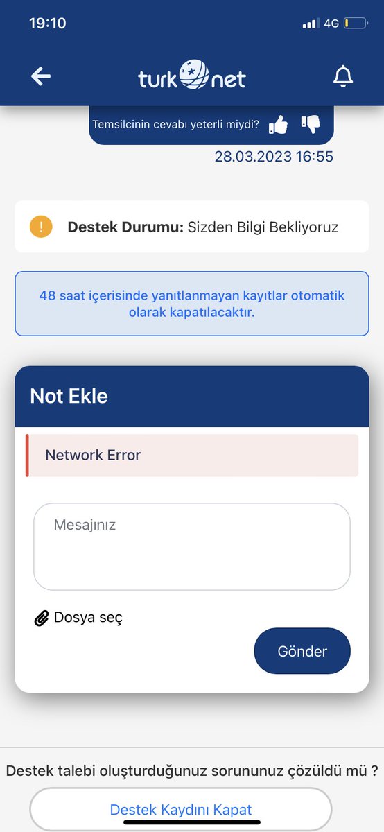 <a href="/TurkNetDestek/">Turknet Destek</a>  destek kaydi acin diyorsunuz da oraya da baglanamiyoruz. İki gram yagmur yagdi diye oglenden beri internet yok abone no 3006498