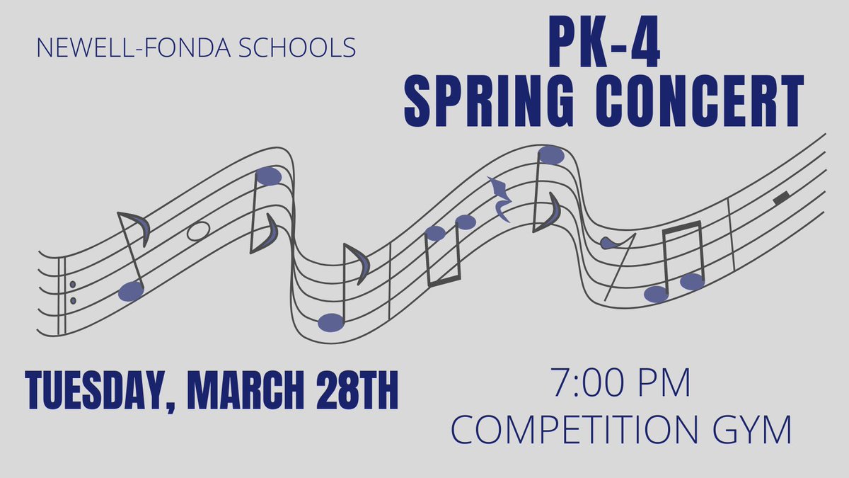 PK-4 Spring Concert 
Tuesday, March 28th
7:00 pm
Competition Gym
#newellfonda #nfmustangs #nfpride