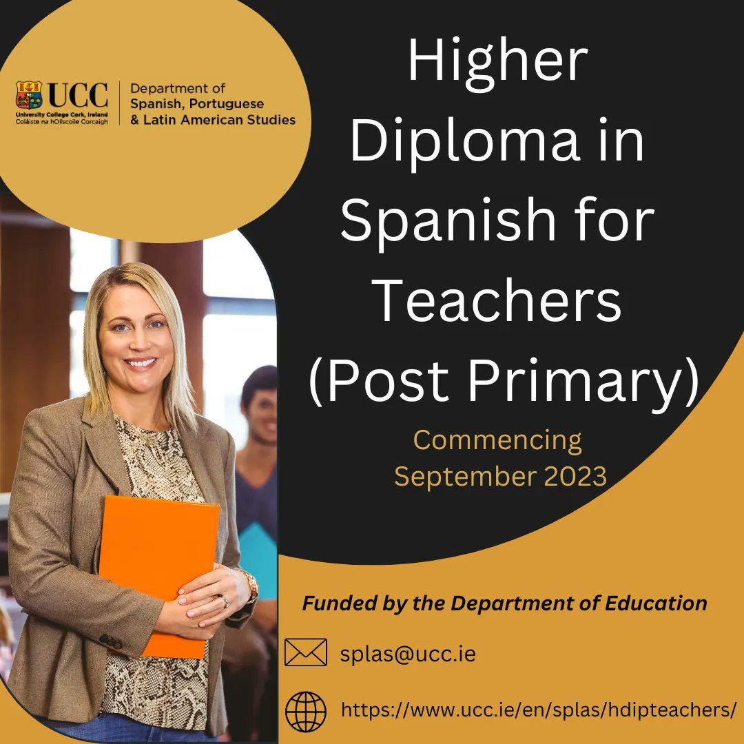 UccSplas's tweet photo. Applications are now open for our Higher Diploma in Spanish for Teachers, fees fully funded by the Department of Education. Further information available here: https://t.co/Nur285NVu7 #spanish #teachers #education #hdip #upskilling #programme #ucc #cork https://t.co/TBPyuirjpi