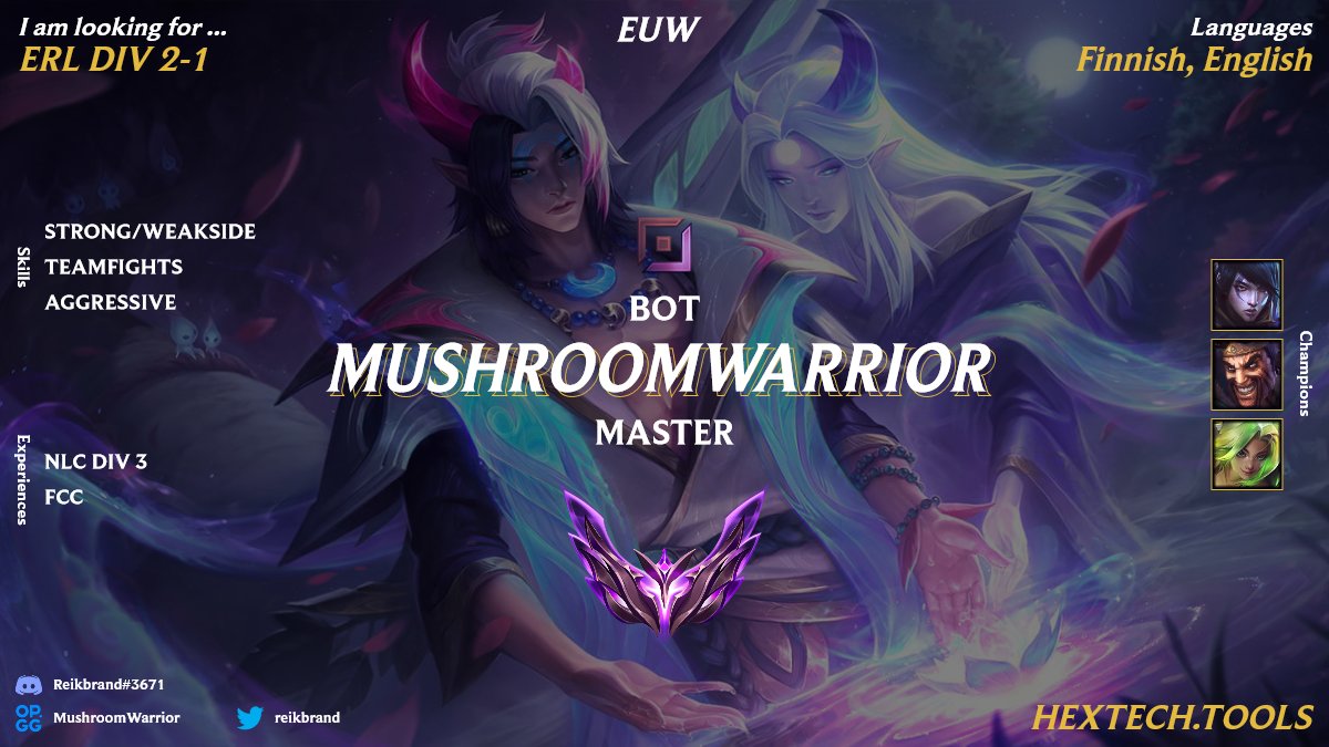 I am looking for a team to further improve my own gameplay and knowledge for the coming summer split.
I will consider div 3 offers aswell.
NLC residency
Discord: Reikbrand#3671