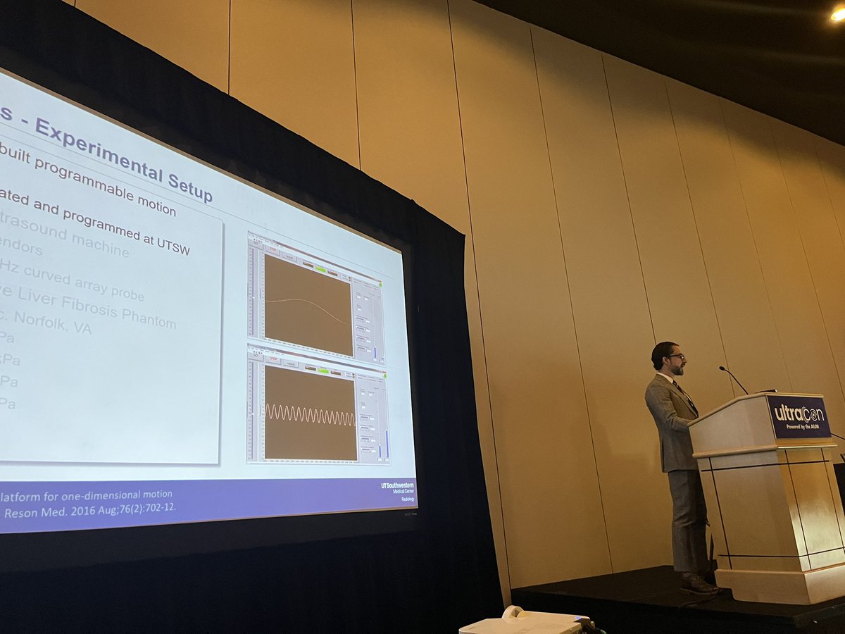 arincozturk's tweet photo. @DTFetzer from @UTSW_Radiology is discussing the effect of motion on SWE exams at #Ultracon23. A novel phantom study from the @UTSWNews group 👏 @AIUMultrasound https://t.co/vd6yU1PBQy
