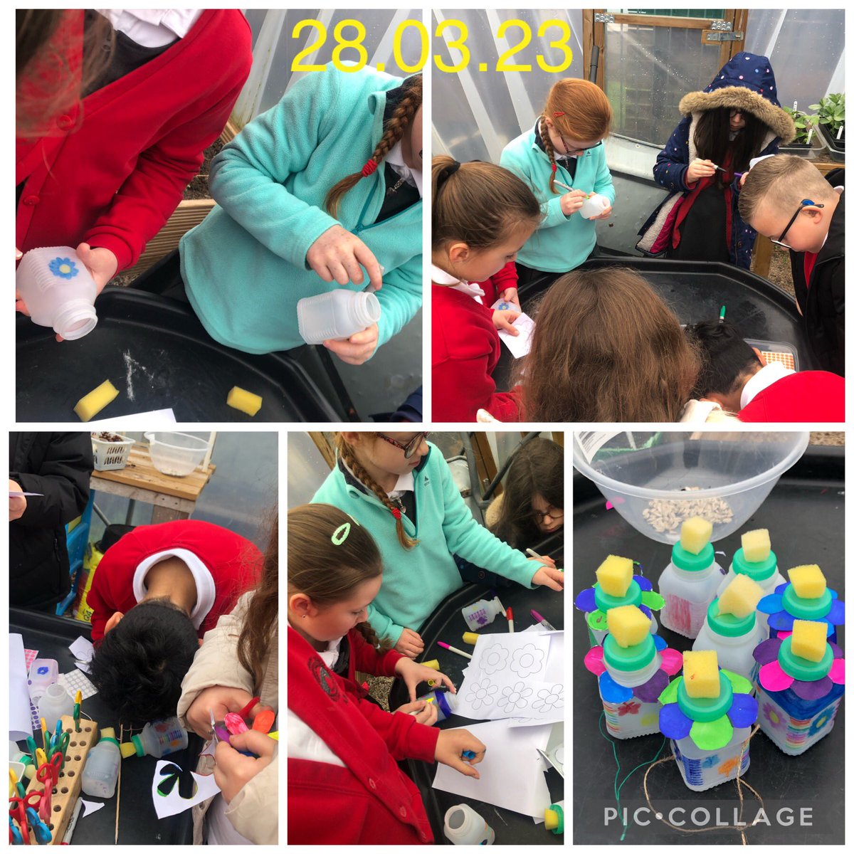 LiaGriffiths's tweet photo. @PengamYear4 @PengamYear3 a wet Gardening Club, today we stayed inside our polytunnel to plant sunflower seeds and we enjoyed making recycled butterfly feeders from our milk bottles @EcoSchoolsWales @Natures_Voice @GwentWildlife https://t.co/1mDcmzWlfb