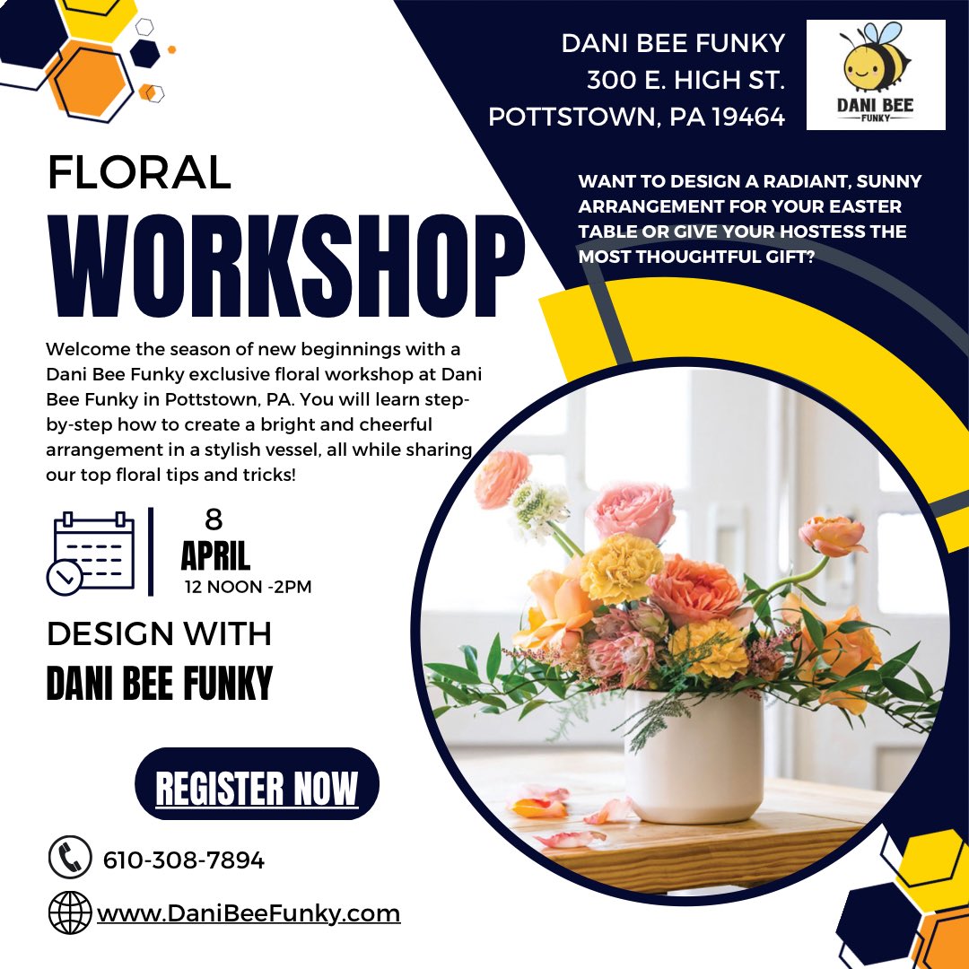 DaniBeeFunky's tweet photo. Welcome the season of new beginnings with a Dani Bee Funky exclusive floral workshop at Dani Bee Funky in Pottstown, PA. You will learn step-by-step how to create a bright and cheerful arrangement in a stylish vessel, all while learning our top floral tips and tricks! #pottstown https://t.co/sJIGkvudww