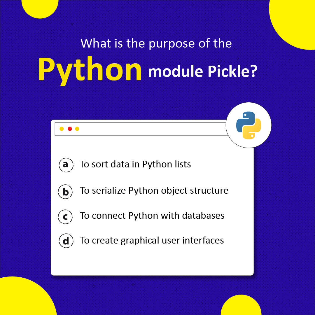 LabsQuokka's tweet photo. Test your #Python knowledge! 🧠🤓
What is the purpose of the Pickle module? Comment your answer below!👇
Follow Quokka Labs for More! 😊
#WebDevelopment #PythonProgramming #PythonCode #PythonCommunity #PythonDeveloper #PythonCoding #PythonLanguage
#LearnPython #PythonTips https://t.co/4ycoxyp1Q1