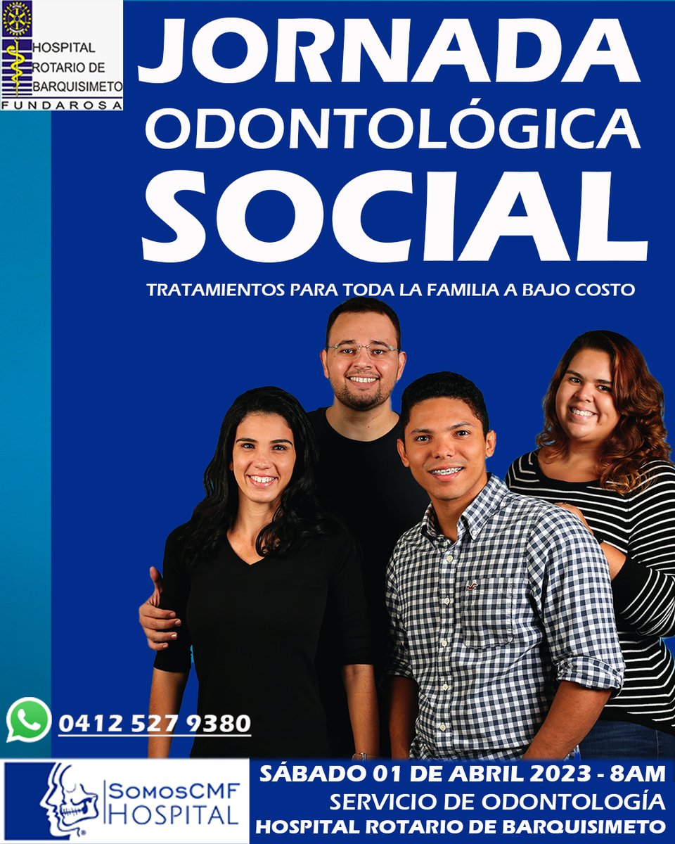 somoscmf's tweet photo. ¡Atención! El servicio de odontología del Hospital Rotario de Barquisimeto es nuestra sede social y allí vamos a estar ofreciendo esta actividad a bajo costo para toda la familia. Más información: +58 414 527 9380 https://t.co/y7BjiAgq6M