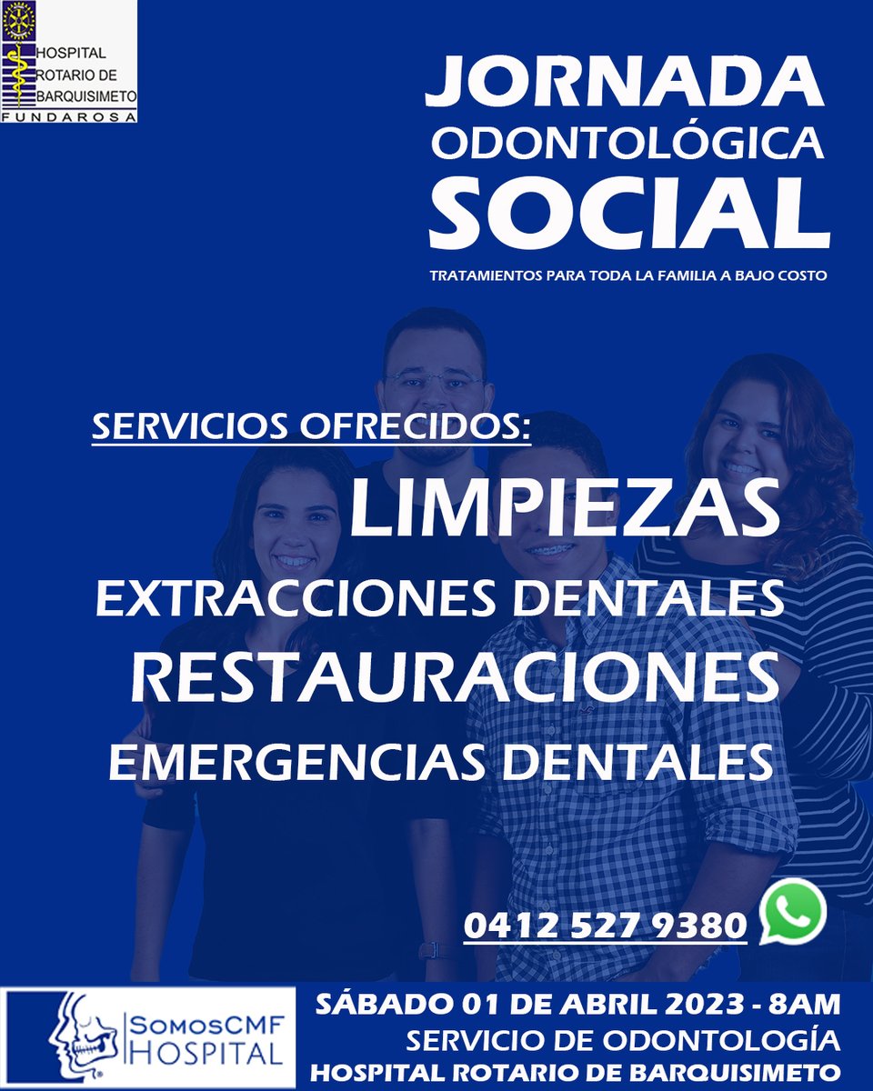 ¡Atención! El servicio de odontología del Hospital Rotario de Barquisimeto es nuestra sede social y allí vamos a estar ofreciendo esta actividad a bajo costo para toda la familia. Más información: +58 414 527 9380