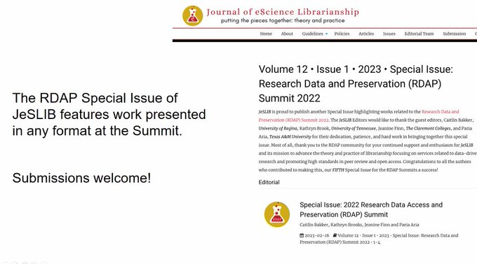 JeSLIB (@jeslibjournal) on Twitter photo Happy #RDAP23 Day 1! 🎉 The summit co-chairs <a href="/Te_Gryn/">Tess Grynoch</a> & Amy Yarnell kick it off with a warm welcome. Reminder to all presenters & attendees to submit your work/experience to the <a href="/RDAPassn/">Research Data Access & Preservation Association</a> Special Issue. Questions? Find a publishing committee member or #JeSLIB editor to chat with! Happy #RDAP23 Day 1! 🎉 The summit co-chairs <a href="/Te_Gryn/">Tess Grynoch</a> & Amy Yarnell kick it off with a warm welcome. Reminder to all presenters & attendees to submit your work/experience to the <a href="/RDAPassn/">Research Data Access & Preservation Association</a> Special Issue. Questions? Find a publishing committee member or #JeSLIB editor to chat with!