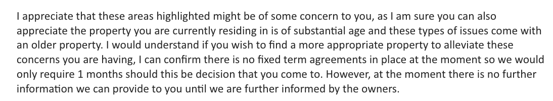 HellasaurusRex's tweet photo. Had the temerity to ask when I can expect the damp/mould problem in my house to be sorted and for an update on what's happening about the subsidence in my house. Literally just asked nicely if there's any update. https://t.co/Gn7w6tblEa