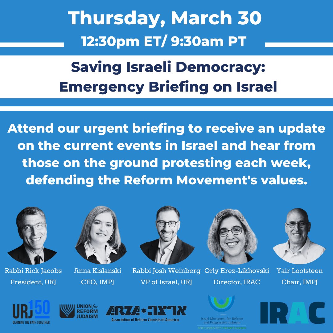 ARZAUS's tweet photo. Join us for this urgent briefing on the current events in Israel and hear from those on the ground protesting each week, defending the Reform Movement's values.
Register: https://t.co/6Kv8pZiRDI https://t.co/BAvZMeyFUY