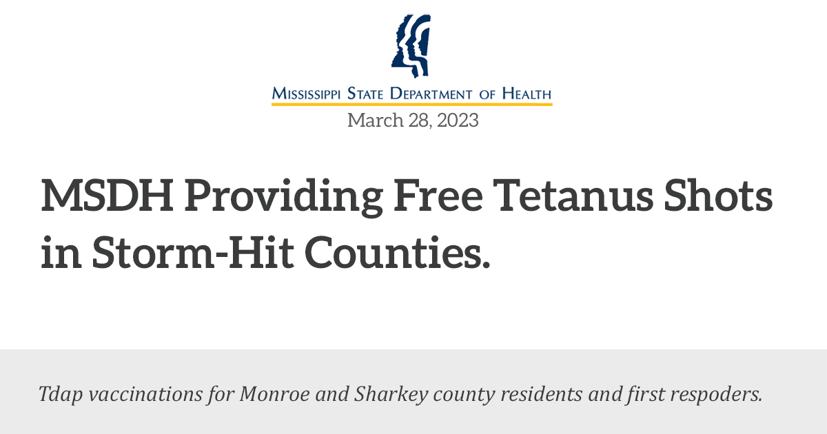 msdh's tweet photo. Through April 3, Monroe and Sharkey county residents and responders can receive free Tdap (tetanus, diphtheria and pertussis) vaccinations from 8:00 to 5:00 at two county health departments:

Monroe County: 1300 Hwy 125 S, Amory
Sharkey-Issaquena County: 297 Race St, Rolling Fork https://t.co/6XqqhSHuRY