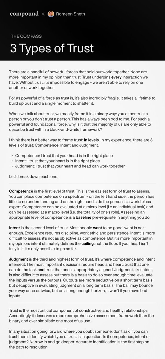 There are 3 types of trust: - Intent: Heart is in the right place - Competence: Head is in the right place - Judgement: Heart and head work together In the tenth essay of my new series The Compass (with my friends at @Compound), I unpacked the 3 types of trust and why the…