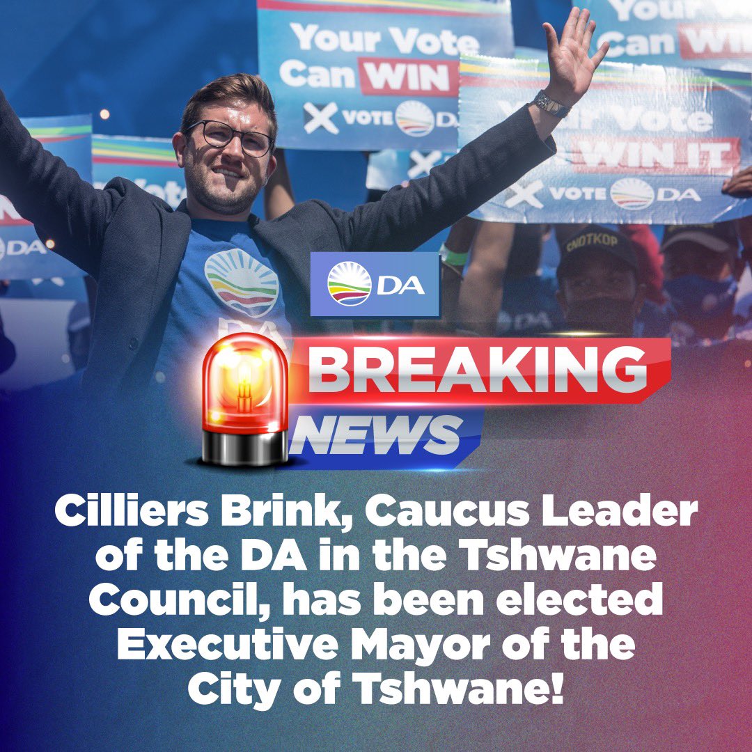 .<a href="/Our_DA/">Democratic Alliance</a> <a href="/DAGauteng/">DA Gauteng</a> <a href="/FredNelDA/">Fred Nel</a> <a href="/DA_GPL/">Democratic Alliance Gauteng Legislature</a> <a href="/CilliersB/">Cilliers Brink</a> <a href="/DAljdj/">Leanne J de Jager</a> <a href="/CindyGrobbelaar/">cindy Billson</a> <a href="/jsteenhuisen/">John Steenhuisen MP</a> <a href="/AshorSarupen/">Ashor Sarupen</a> <a href="/Waltersda/">Thomas Walters</a> AT LAST TSHWANE HAS A MAYOR WE CAN TRUST! A Mayor residents can be sure will work in THEIR interests! Halala DA, Halala. Aan houer wen vir SA! Viva DA