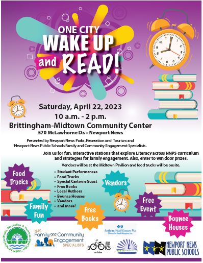 Mark your calendars now!
One City Wake Up and Read will be held at Brittingham-Midtown Community Center, on Saturday, April 22 from 10 a.m.-2 p.m. 
#NNPSProud #RiversideProud #FACE