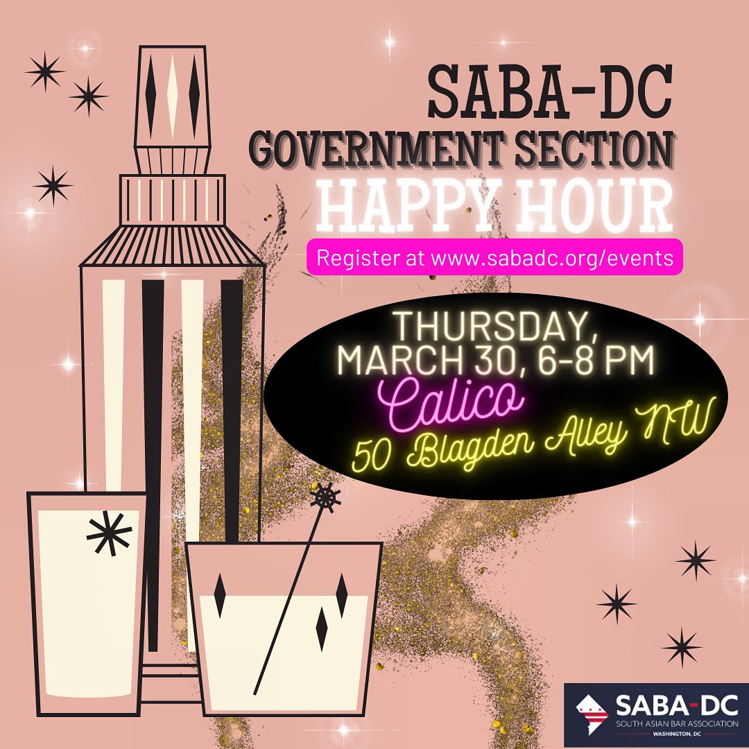 SABADC's tweet image. This Thursday is the #SABADC Government Section Happy Hour at Calico. The government is one of the largest employers in the DC area. Join us for a break from the grind, with refreshments and great company. Register at sabadc.org/events. 

#HappyHour #Networking #Government