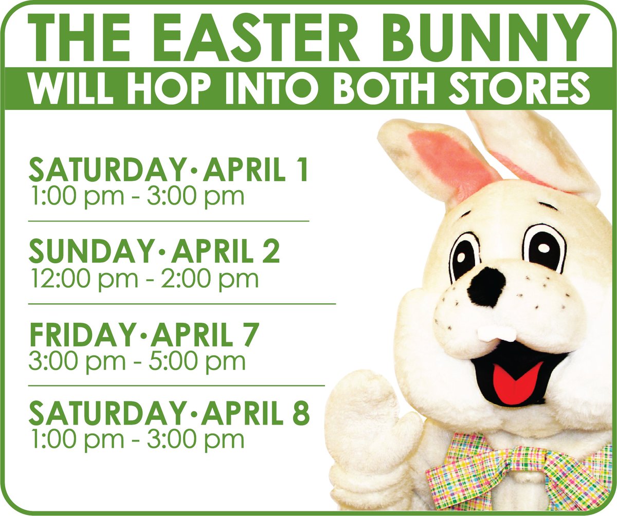 seroogys's tweet photo. The Easter Bunny Schedule is out for both stores! Mark your calendars so you don't miss a chance to see him this year! https://t.co/fxTHqCghaW