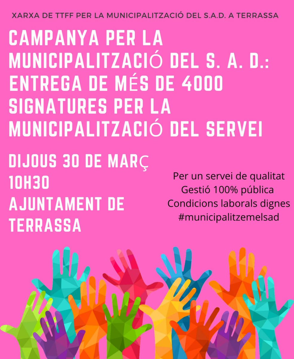 Dijous anem a l'<a href="/ajterrassa/">Ajuntament de Terrassa</a> a entregar les signatures de més de 4000 veïnes 🥰 que demanen que #municipalitzemelsad
Escoltaran els nostres representants polítics el crit de #femforaelsflorentinos 🦅?
O seguiran #venutsalibex🤑?