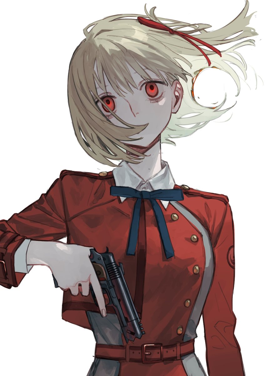 nishikigi chisato 1girl lycoris uniform solo ribbon blonde hair weapon red eyes  illustration images