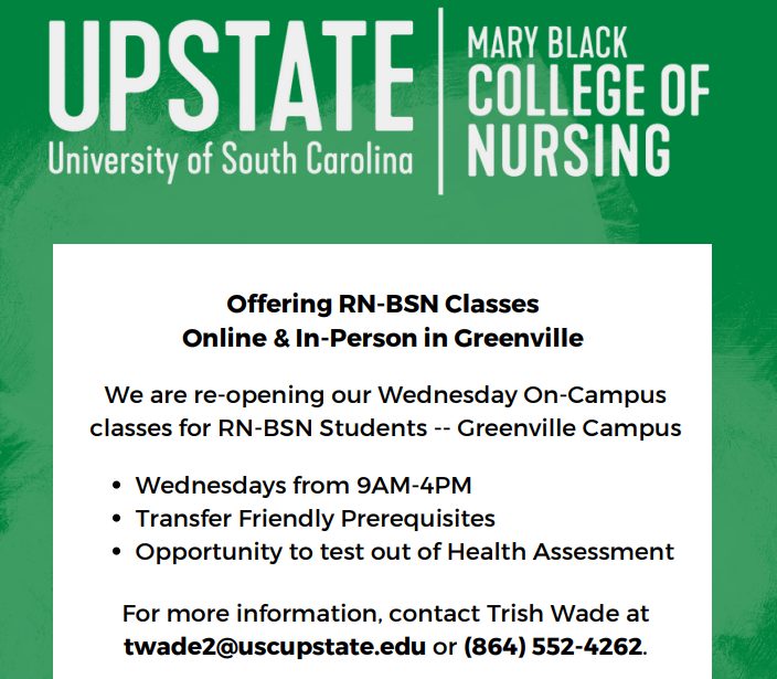 HUGE news! USC Upstate's highly respected RN-BSN program is GROWING. Turn your RN into a Bachelor of Nursing either fully online or in-person once a week in Greenville. Classes are always on Wednesdays, so you can plan ahead with your schedule. greenville.org/partner_univer…