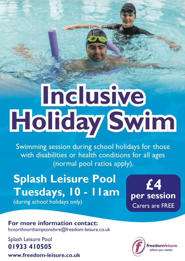 Swimming sessions for disabled people & those with long term health conditions will be available at the Splash Pool in Rushden on Tuesday's 4th/11th April 10-11am. They cost £4 per person & Carers go free. Great opportunity to have fun & keep active in the water. RT @LONorthants