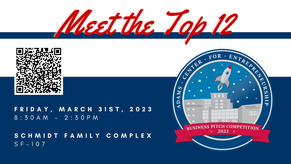 Join <a href="/fauadamscenter/">Florida Atlantic Adams Center for Entrepreneurship</a> on March 31st from 8:30am – 2:30pm for FAU’s annual Business Pitch Competition. 
Register now, scan the QR code below 

Meet the TOP 12 student teams 💡before the Final Four 🏀
#FAUBPC