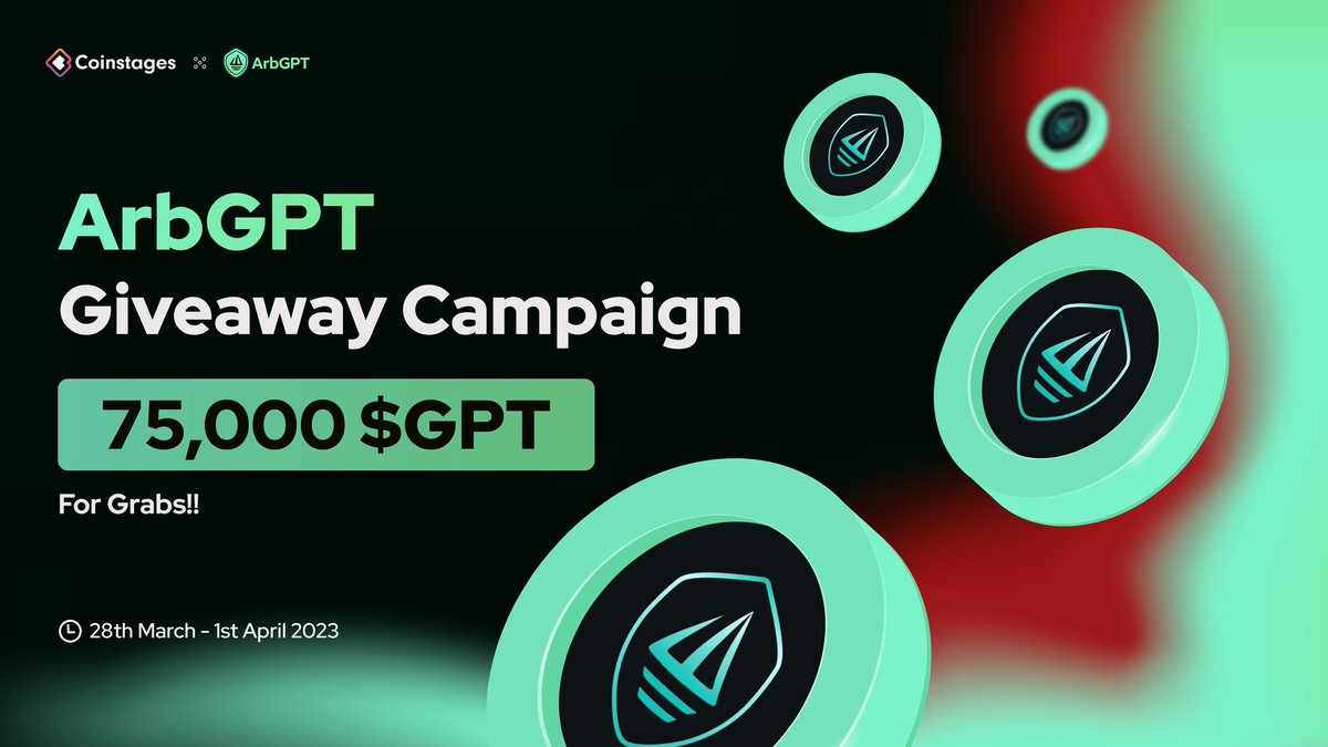 Coinstages's tweet image. 🥳We’re excited to announce our next #Giveaway with @ArbGPT

🎁Prize Pool: 75,000 $GPT

📃Task
➡️Follow @Coinstages &amp;amp; @ArbGPT
➡️Tag 3 Your Friends
✅Complete gleam.io/LZ7S8/arbgpt-x…

⏰ End 1st April

#Giveaway #GPT #Crypto #Coinstages
