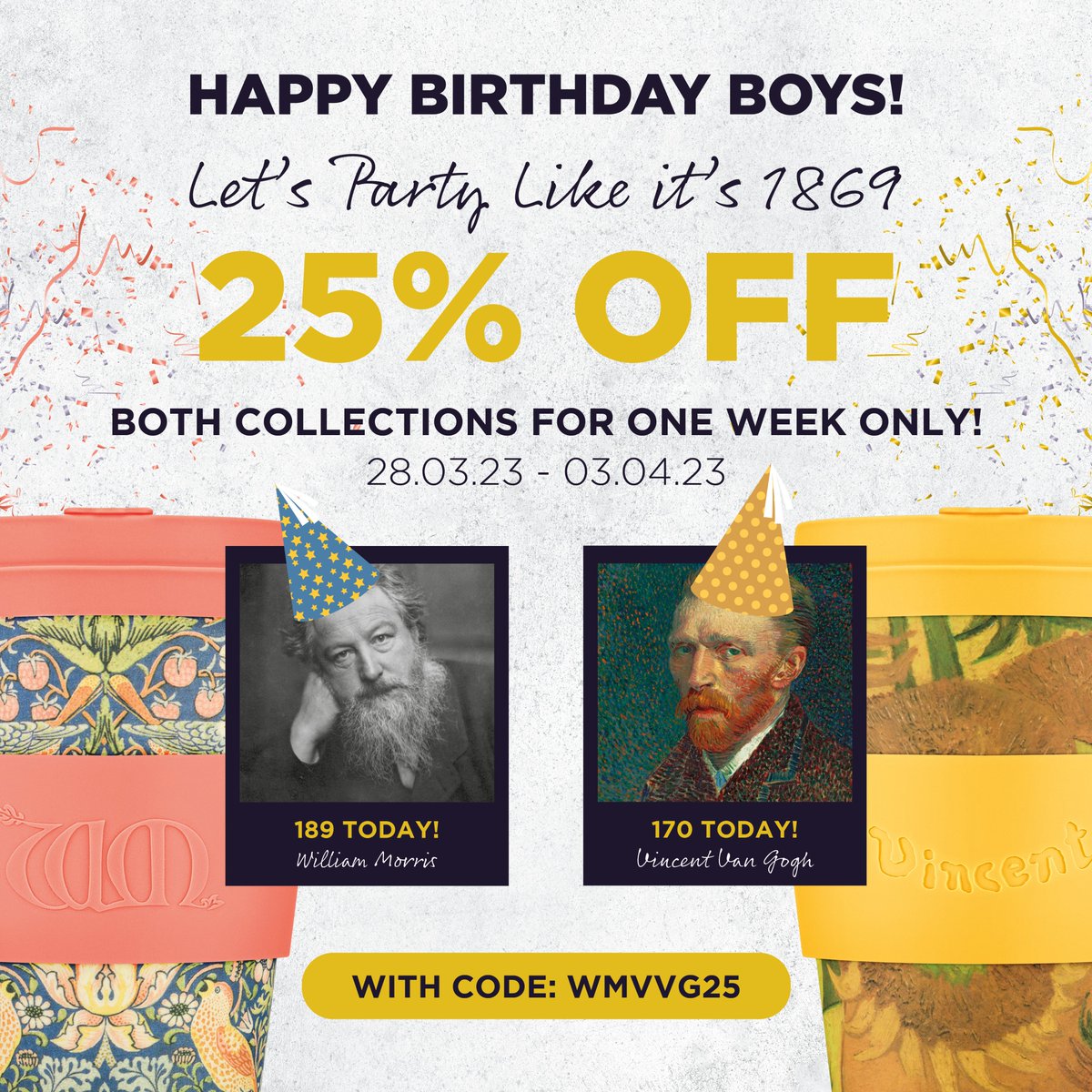Happy Birthday Chaps! 🥳 For 72 hours only we're slicing 25% off all William Morris and Vincent Van Gogh designs in celebration of their birthdays! Head to our website and shop their Master Collections now - link in bio. #EcoffeeCup #NoExcuseForSingleUse #ChooseToReuse