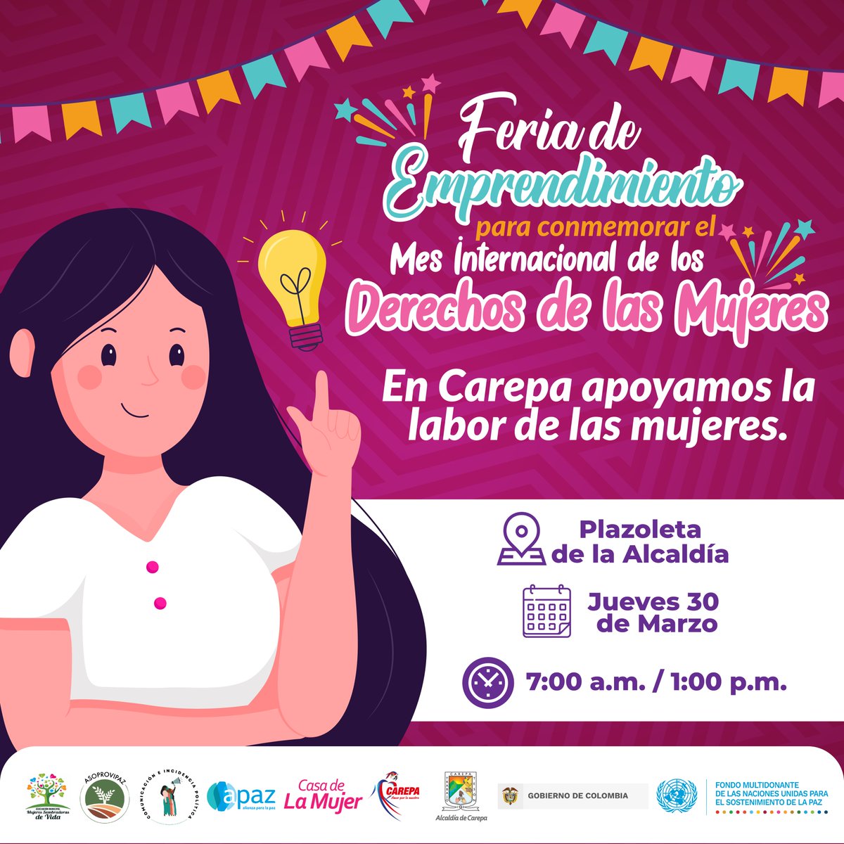 Asomujer08's tweet photo. Este 30 de marzo te invitamos a la Feria de Emprendimientos para conmemorar el #8M resaltando las iniciativas productivas de las mujeres de Carepa. ¡No te lo pierdas! 
#comunicacióneincidencia 

@FondoONUCol  @alcaldiacarepa  @PnudColombia  @APAZAMERICAS https://t.co/L9Jwb7uR5E