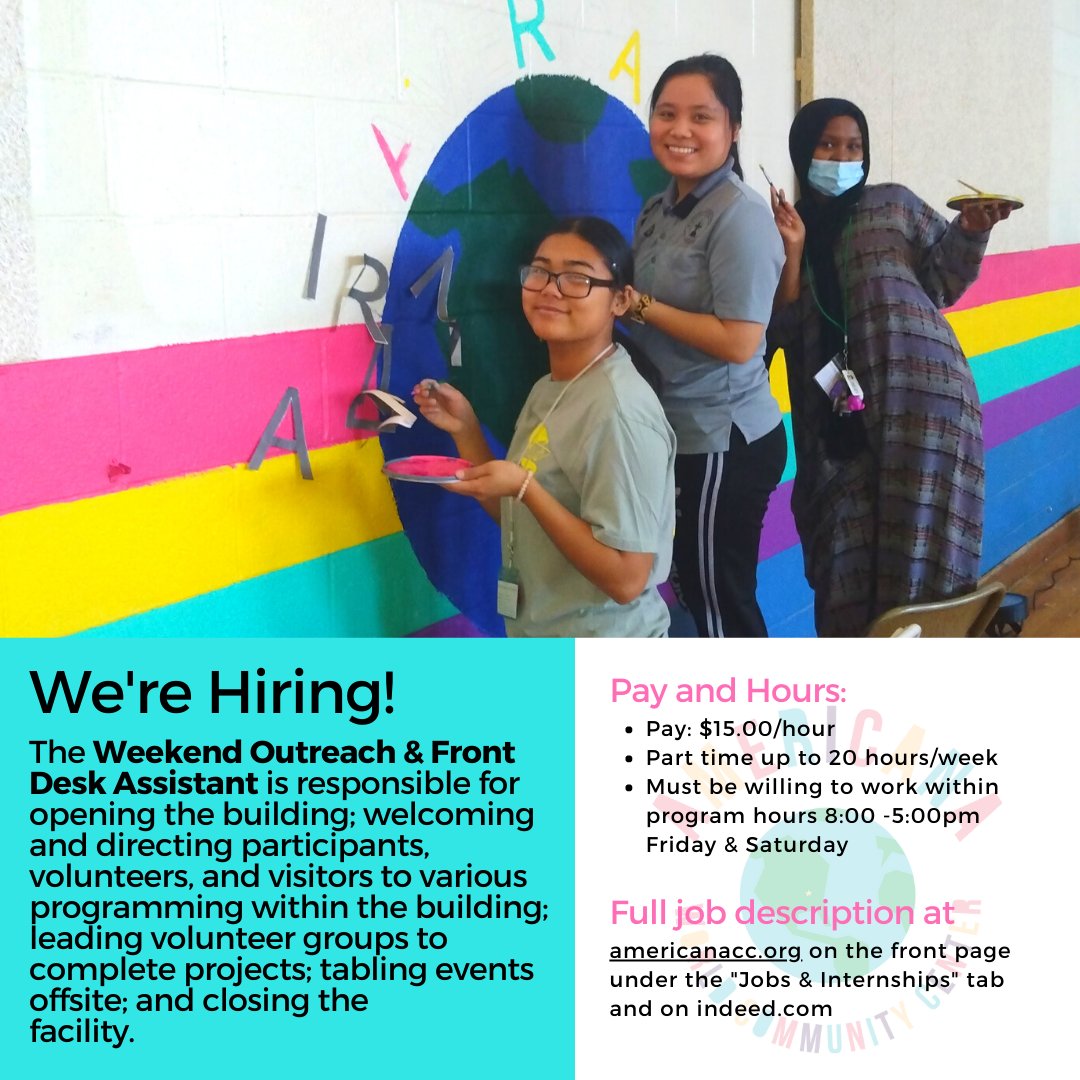 The Weekend Outreach &amp; Front Desk Assistant is responsible for opening and closing the building, welcoming and directing people to various programming within the building, leading volunteers  and tabling events. Review the complete job description at americanacc.org/about-us/jobs-….