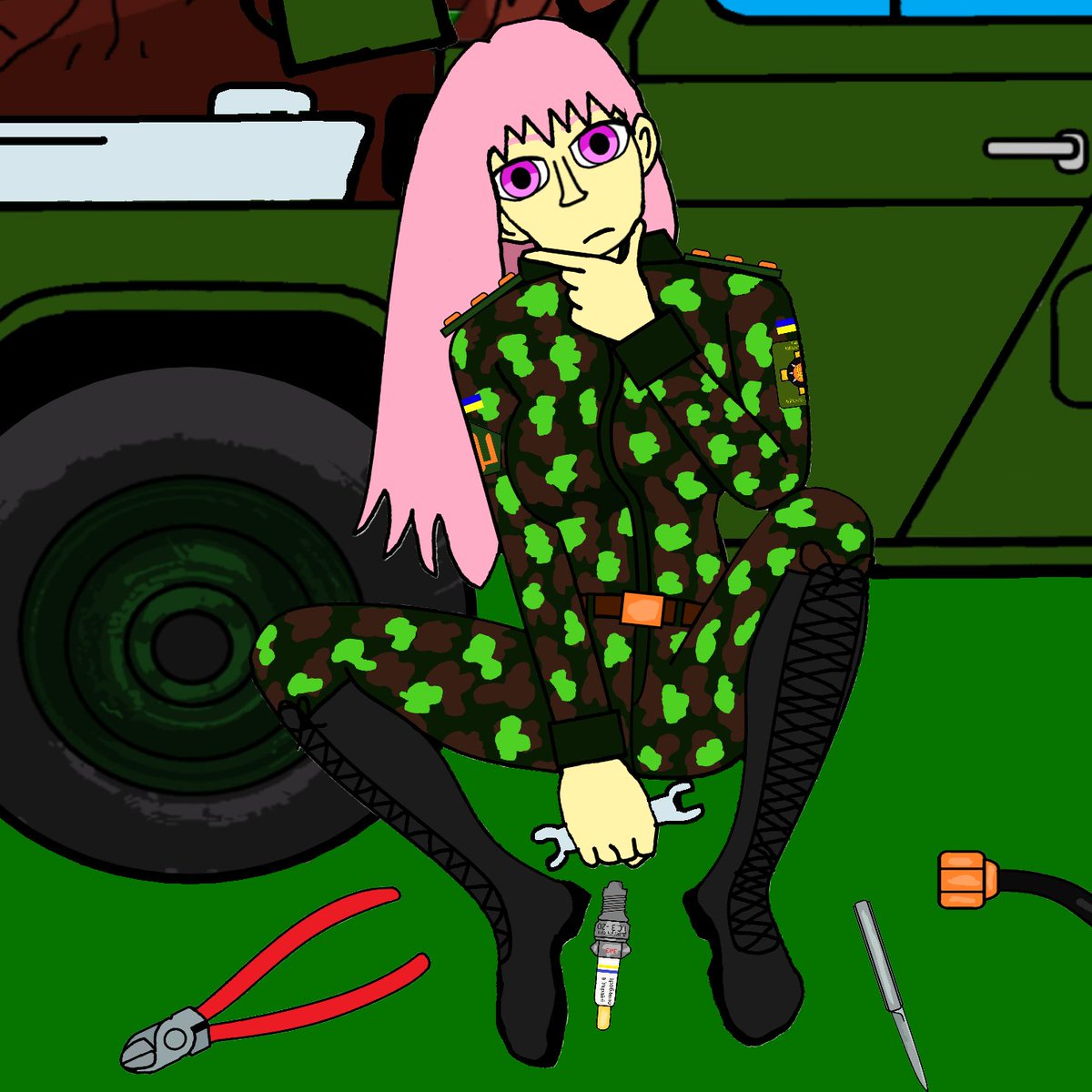 mavkayuri's tweet photo. Broke at the most inopportune moment, on the highway. Yelya repairs it with what was in the glove box. #art #drians #car #didital ##art #beautiful #artist #artwork #drawing #digitalart #painting #illustratorsofinstagram #digitalart #kawaiigirl #kawaiiart #mavka #ukrainegirl  #car https://t.co/H0dad65npP