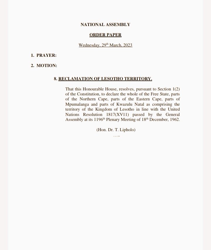 PolokoMokhele_'s tweet photo. Lesotho's National Assembly will tomorrow discuss a motion that seeks to:

"Declare the whole of the Free State, parts of the Northern Cape, parts of the Eastern Cape, parts of Mpumalanga &amp; parts of Kwazulu Natal as part of Lesotho's territory." https://t.co/Jw8JMlpYTt