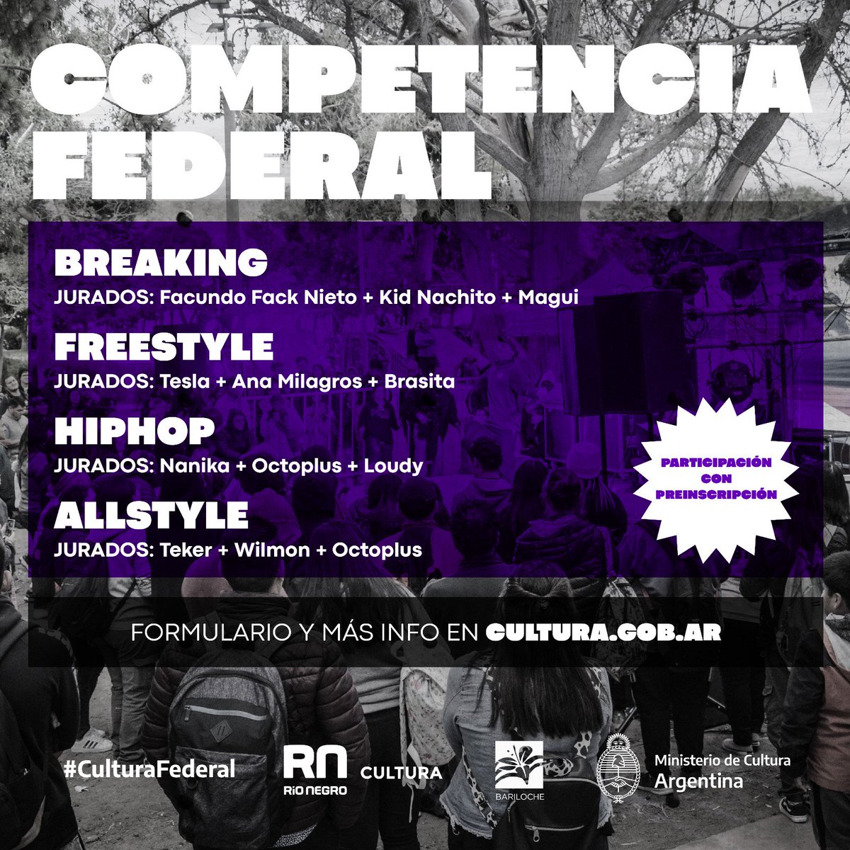 📣 Llega 'El ritmo de mi calle' este sábado a Bariloche ¡Inscribite! 🎶

💃🏻 Se trata de un programa federal de culturas urbanas y un certamen de Freestyle, Allstyle, Breaking y Hip Hop que se llevará a cabo este sábado 1º de abril.