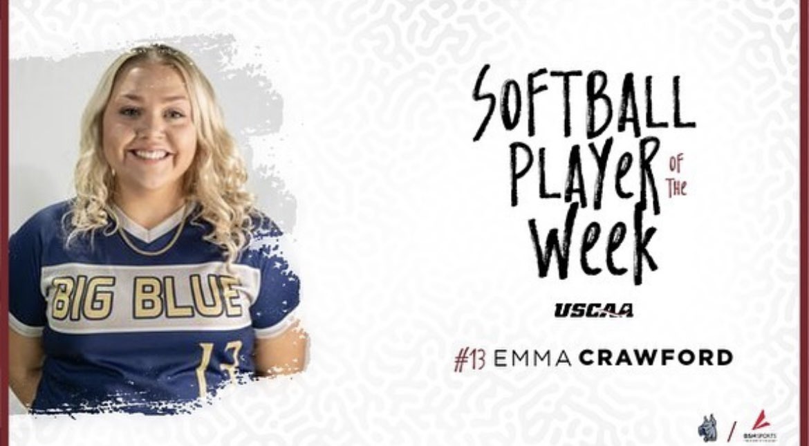 Congratulations to our USCAA’s Softball Player of the Week! Our very own #13 Emma Crawford! 💙 #gobigblue #bstatesoftball