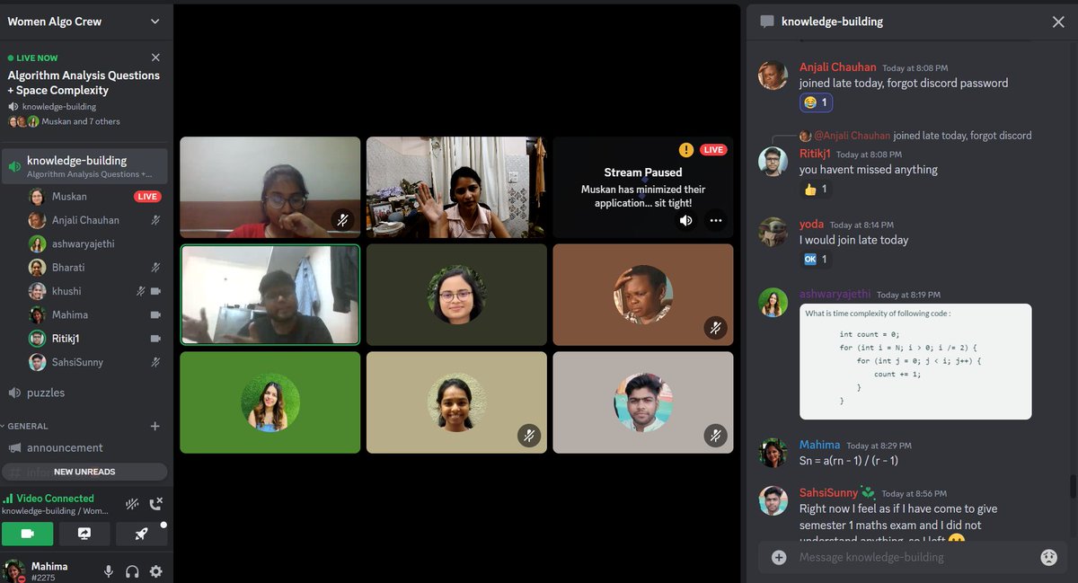 WomenAlgoCrew's tweet image. What a great discussion on calculating complexities we had today!
Our problem-solving faces and the problem.
We'll be meeting again on thursday to dive further and move to space complexities
#dsa #timeComplexity #maths