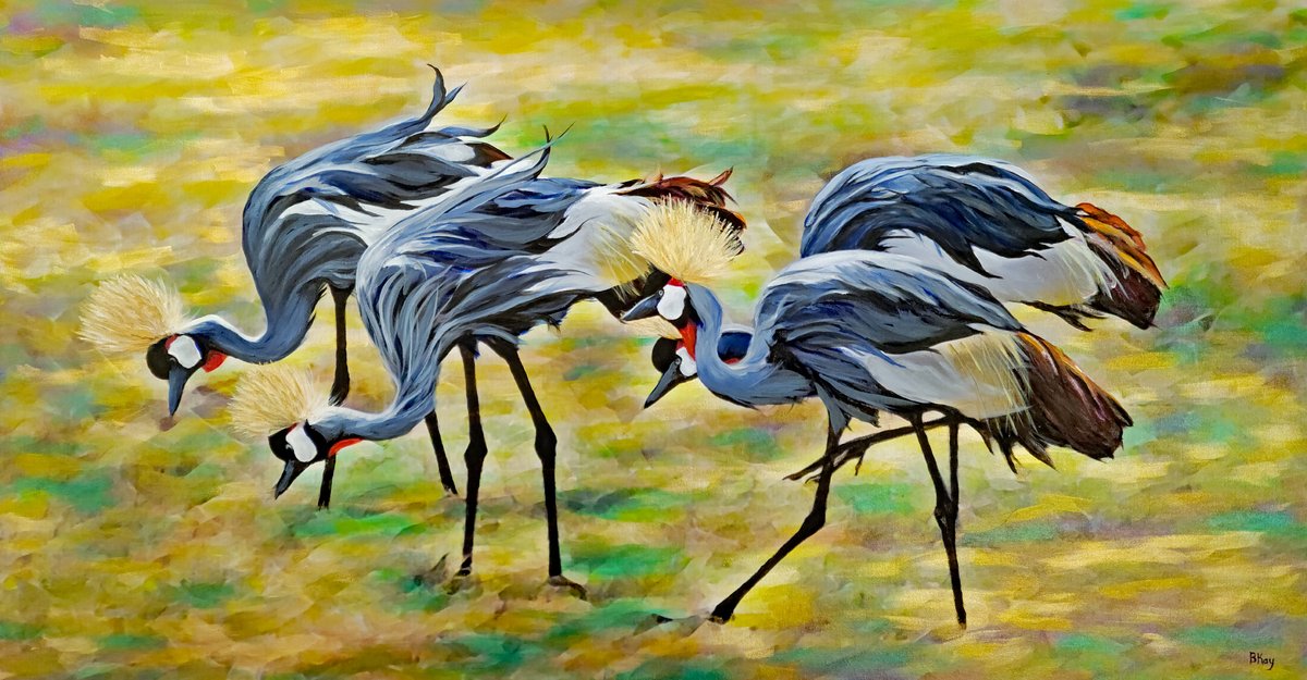 My luminescent painting of Grey crown cranes using acrylic iridescent paint, glass bead and crystals on canvas. #OlPejeta #OlPejetaConservancy #Kenya #finearts