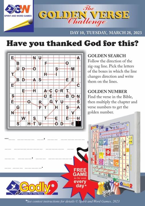 SWGnet's tweet photo. DAY 10, TUESDAY, MARCH 28 2023
Good morning.This is the puzzle for today. Find the golden verse and write it somewhere safe. Do not post it. From day 11, you will get a link to post your answer. Maximize your benefit by meditating and praying with the verse.This challenge is open https://t.co/HpjhR5nenP