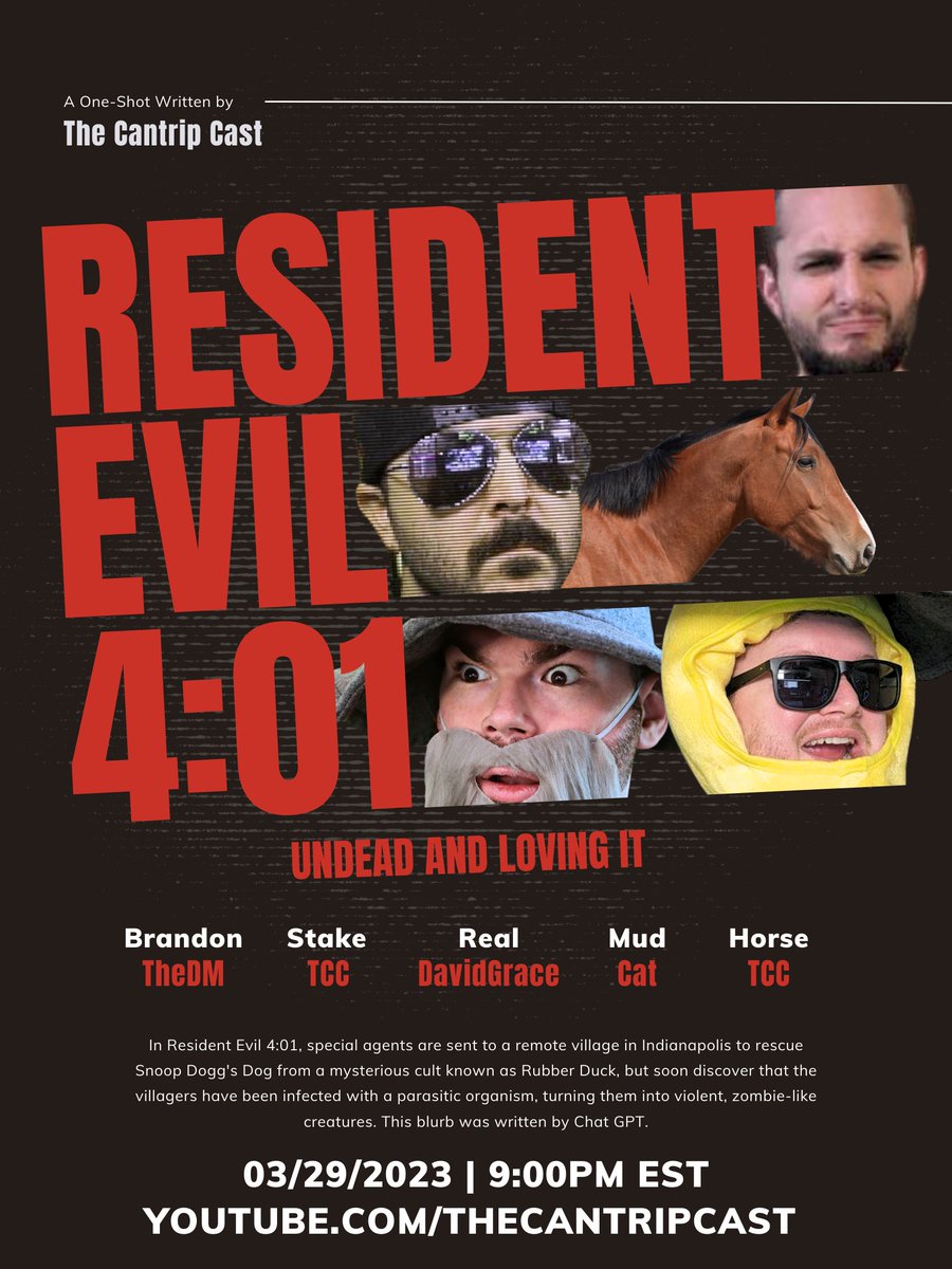 It's time to kill some walkers Coral... or something. Idk, never played Resident Evil. See you tomorrow! 9:00 pm est! youtube.com/watch?v=eeNHBC…

Featuring:
<a href="/Brandon_The_Dm/">BrandonTheDM</a> 
<a href="/realdavidgrace/">RealDavidGrace</a> 
@stakeTCC
<a href="/MudcatTV/">MUDCAT 🔜 GDC</a> 
@horseTCC