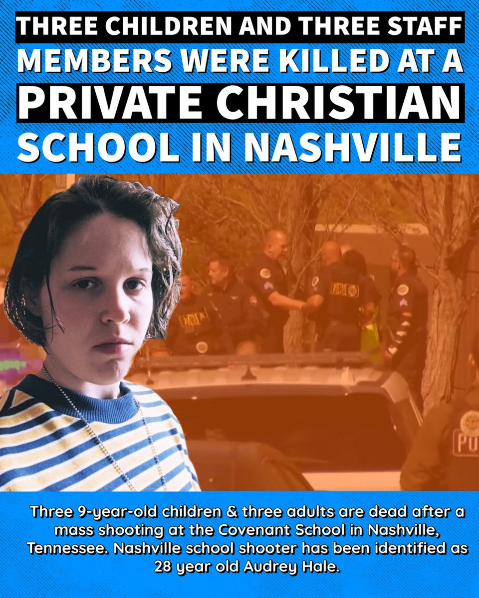 Some heartbreaking news!! 😥

Yesterday there was another mass shooting. Three 9-year-old children & three adults are dead after a mass shooting at the Covenant School in Nashville, Tennessee. 

Nashville school shooter has been identified as 28 year old Audrey Hale.