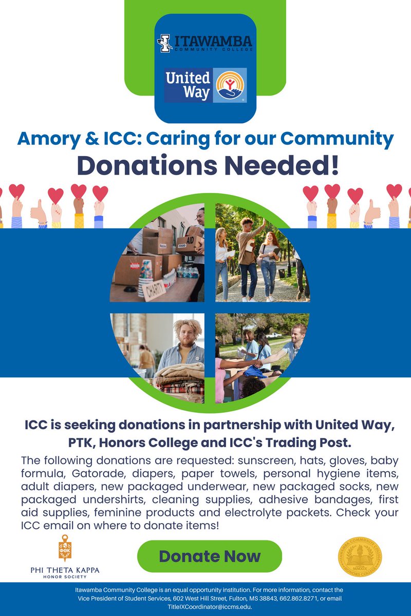 <a href="/ItawambaCC/">Itawamba CC</a> is partnering with <a href="/UnitedWay/">United Way</a>, @PhiThetaKappa, ICC's Trading Post, and ICC's Honors College to support our local area after last week's devastating tornado damage. Please check your ICC email on where to donate items!