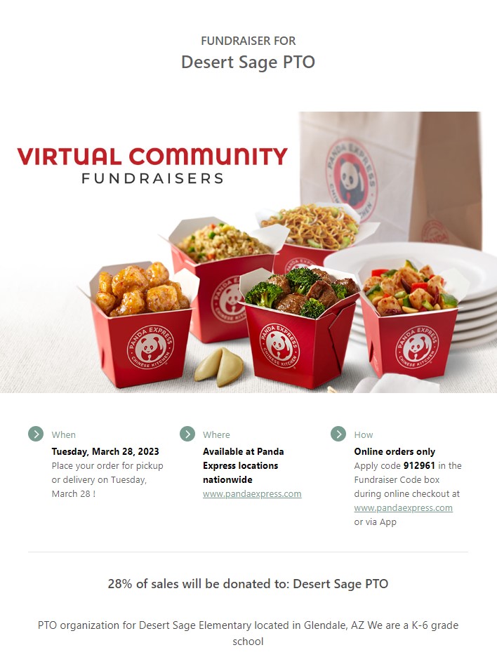DesertSagePTO's tweet photo. TODAY IS THE DAY!!!! 28% of what you buy goes right back to us! Thank you all for your amazing support! You can order for lunch or dinner, and at ANY Panda Express. You MUST order online and use the code 912961. Enjoy!!!! https://t.co/qu6kUTuo6d