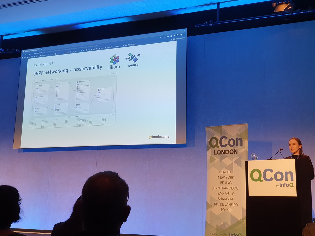 Great overview of how eBPF and @ciliumproject can be used to observe apps running on Kubernetes, via @lambdanis at #QConLondon