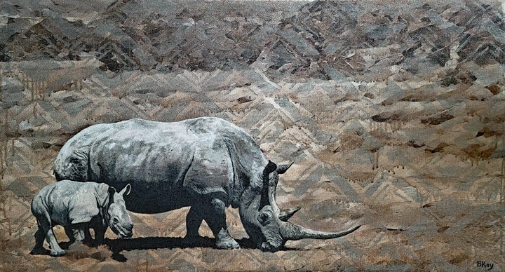 My luminescent painting of mother and child rhinos using acrylic iridescent paint, glass bead and coarse aluminum granules on canvas. #WildlifeConservation #OlPejeta #OlPejetaConservancy #finearts #Kenya