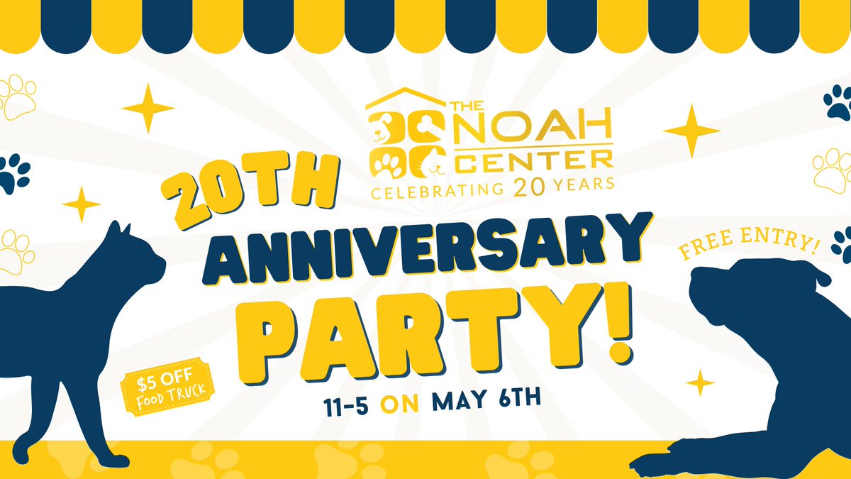 We're having a 20th Anniversary Party on May 6th and invite you to come to our Adoption Center and celebrate with us! #thenoahcenter #pnwpets