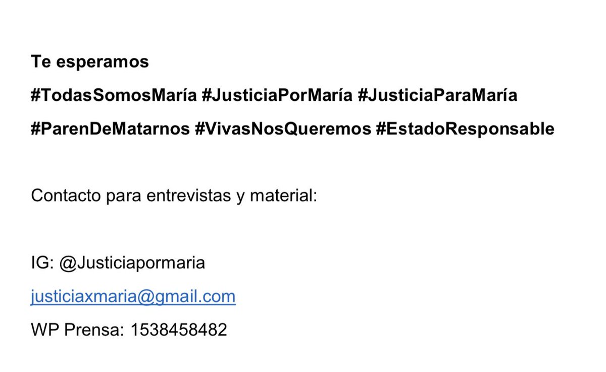 Competimos con ustedes 

#TodasSomosMaría #JusticiaPorMaría #JusticiaParaMaría 
#ParenDeMatarnos #VivasNosQueremos #EstadoResponsable